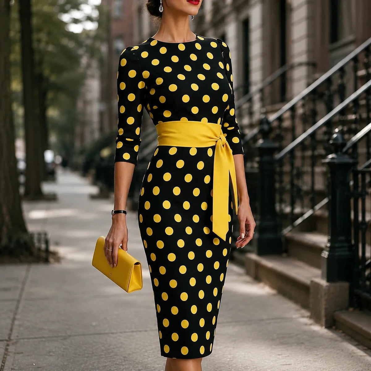 Women's Polka Dot Belted Midi Dress