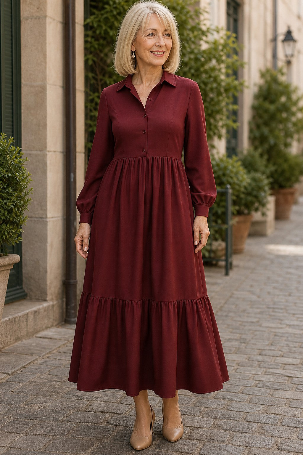 Women's Long Sleeve Collared Maxi Dress