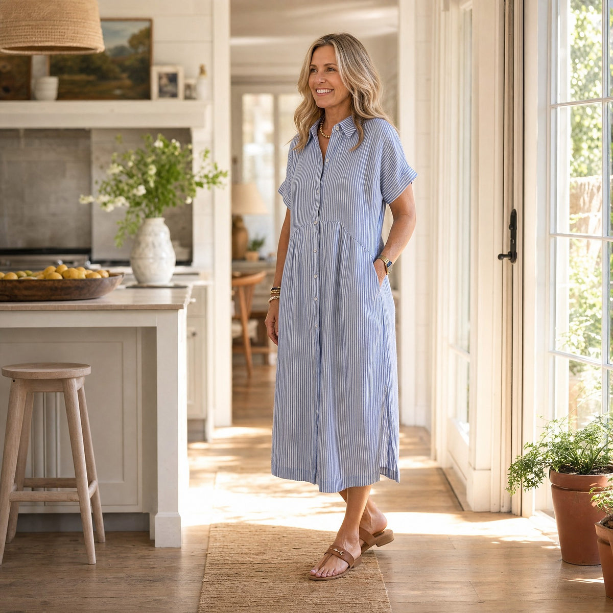 Women's Striped Midi Shirt Dress