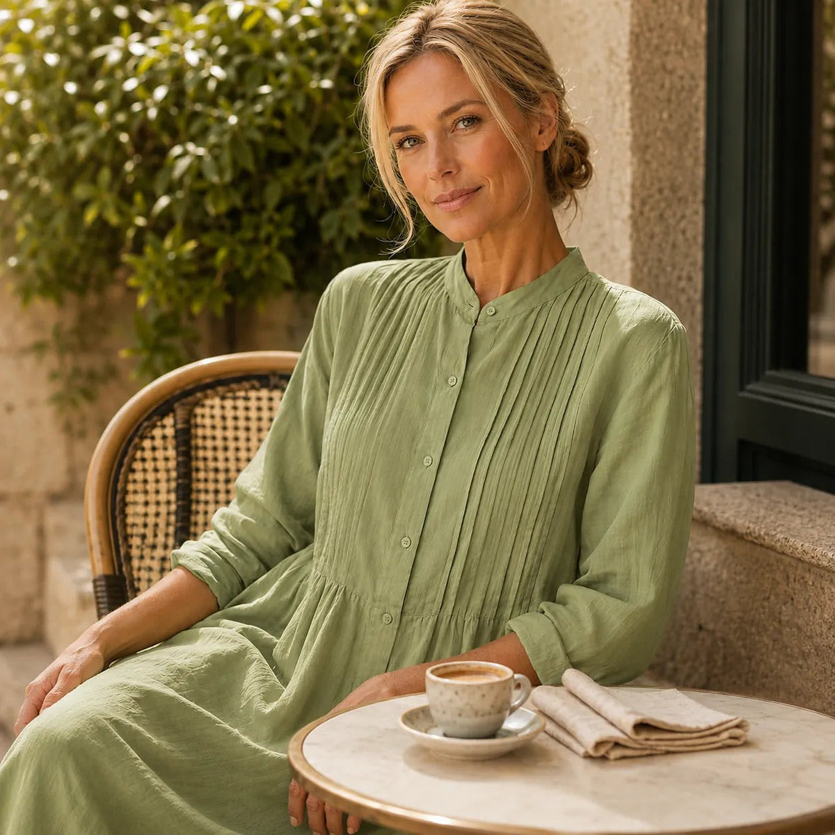 Women's Long Sleeve Pintuck Midi Shirt Dress