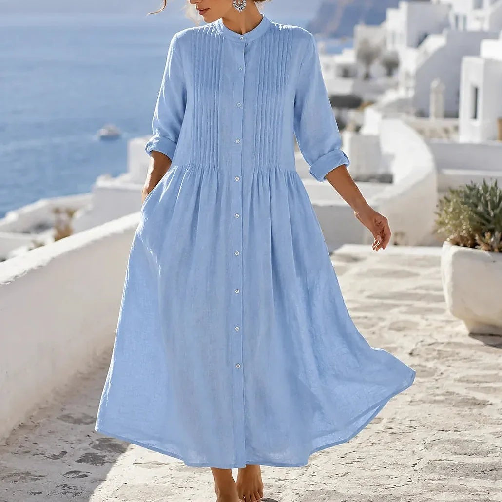 Women's Long Sleeve Pintuck Midi Shirt Dress