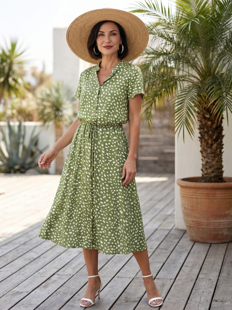 Women's Spot Print Button Front Midi Dress