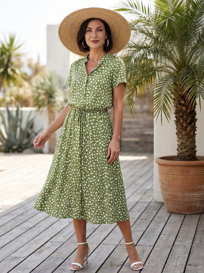 Women's Spot Print Button Front Midi Dress