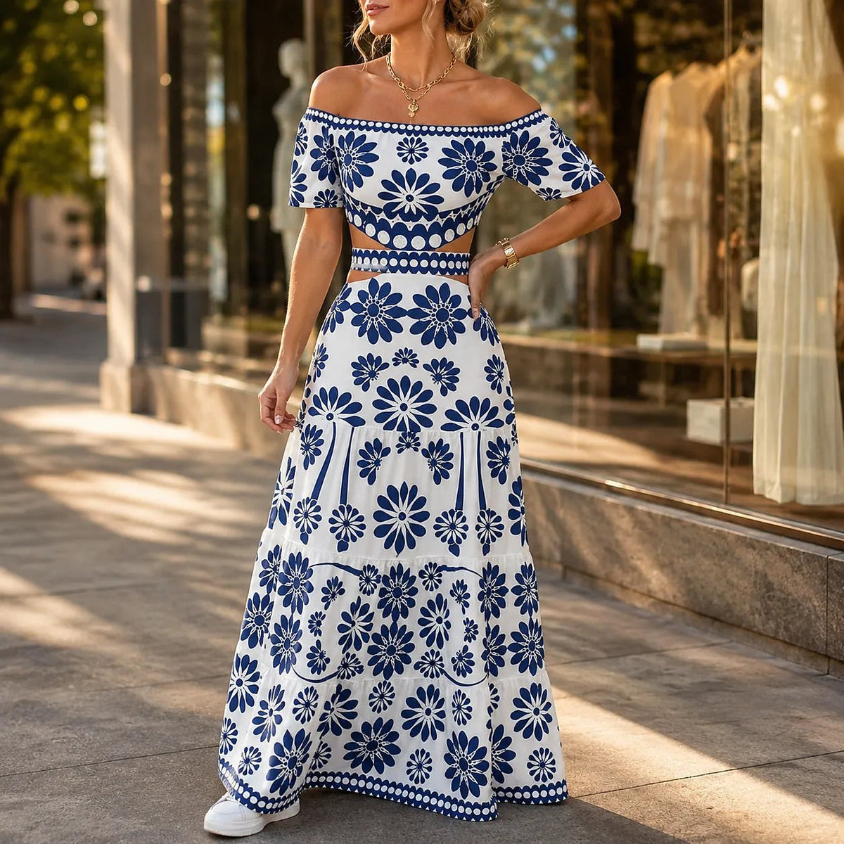 Women's Off-Shoulder Floral Maxi Skirt Set
