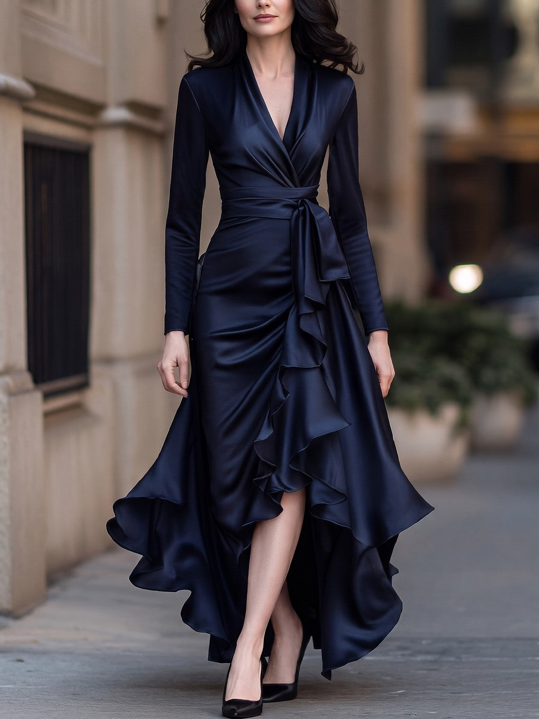Women's Satin Long Sleeve Wrap Maxi Dress