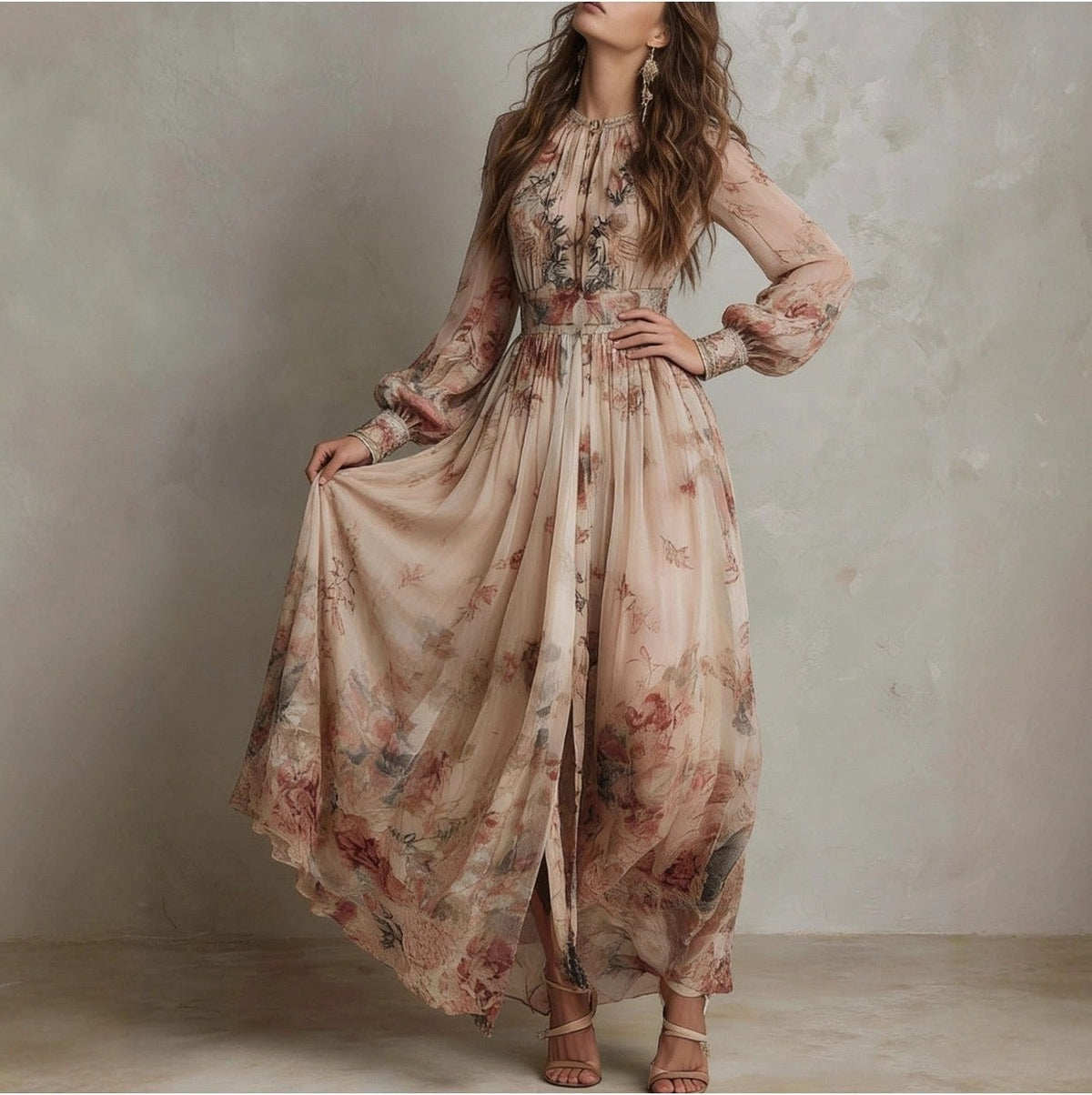Women's Vintage Neckline Smocked Floral Evening Dress
