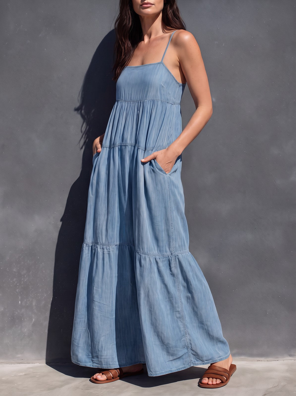 Women's Denim Tiered Maxi Dress