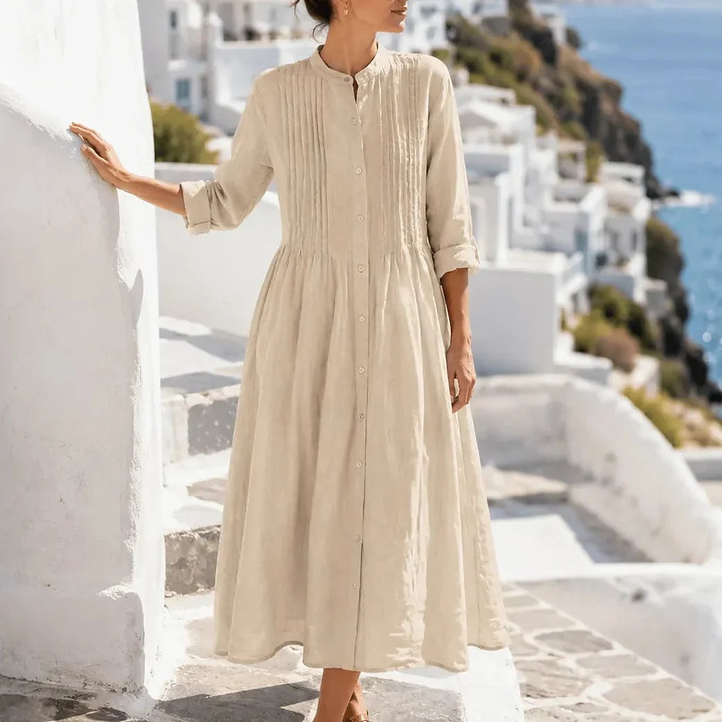 Women's Long Sleeve Pintuck Midi Shirt Dress