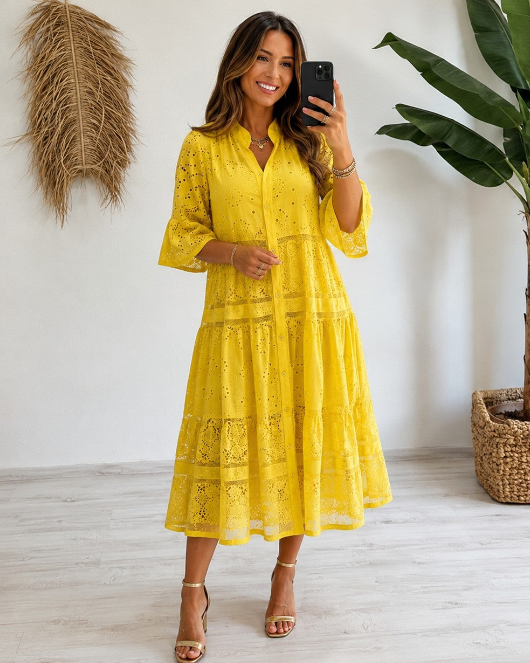 Women's Lace Bell Sleeve Midi Dress