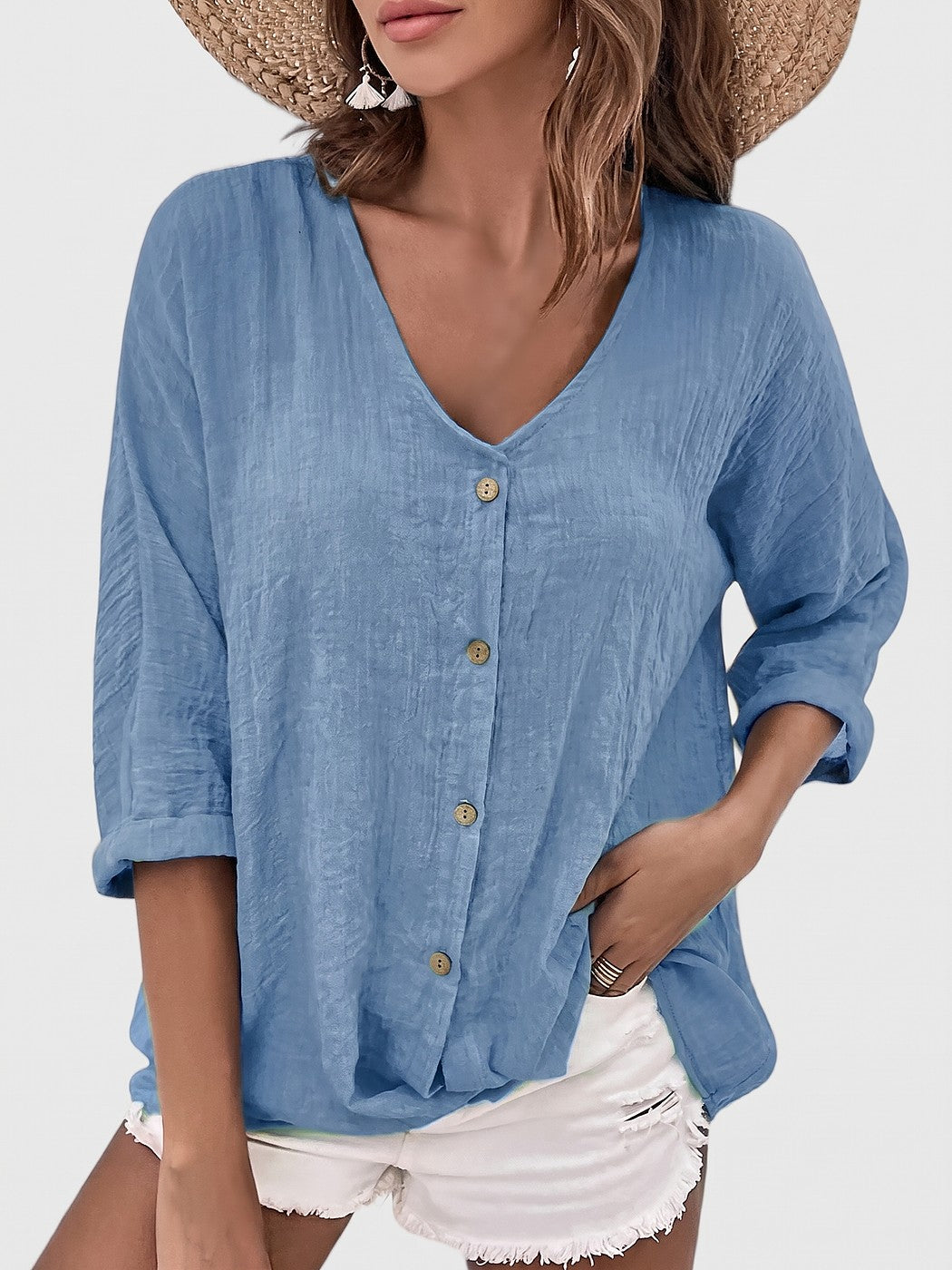 Women's V Neck Button Up Blouse
