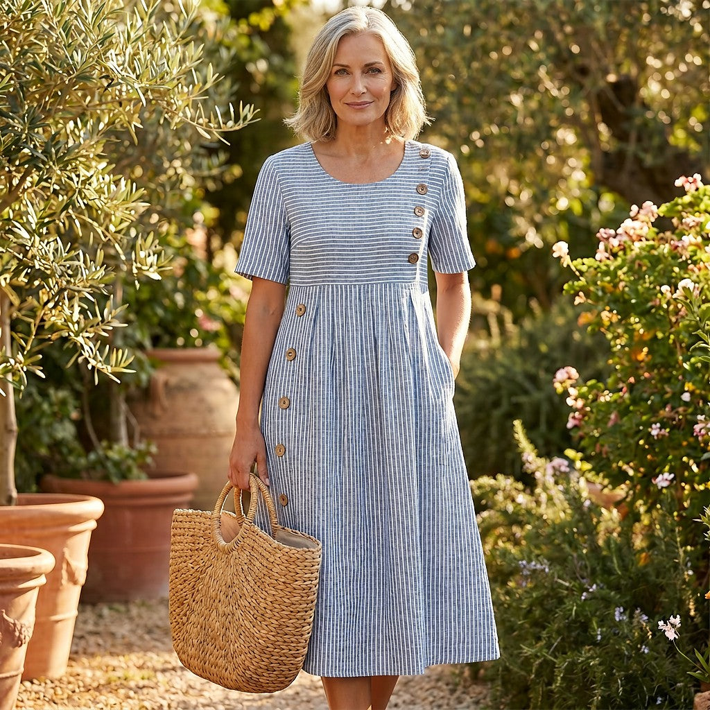 Women's Striped Short Sleeve Midi Dress