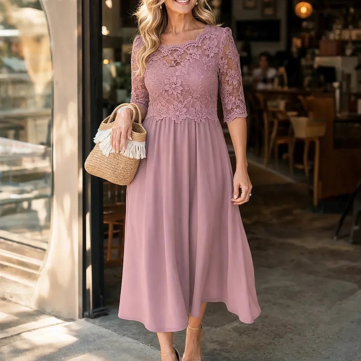 Women's Lace Sleeve Chiffon Midi Dress