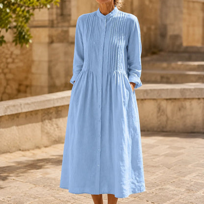Women's Long Sleeve Pintuck Midi Shirt Dress