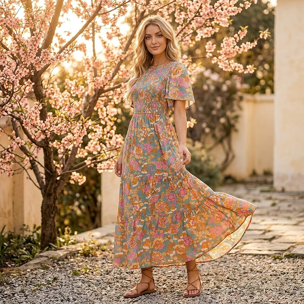 Women's Smocked Floral Maxi Dress