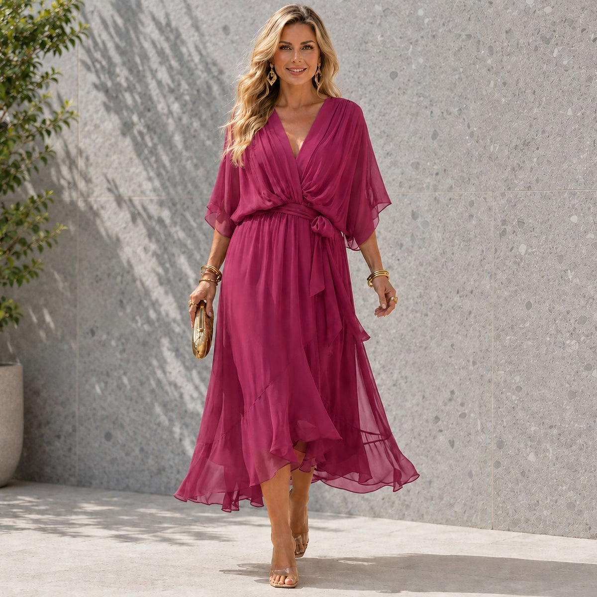 Women's V Neck Wedding Guest Maxi Dress