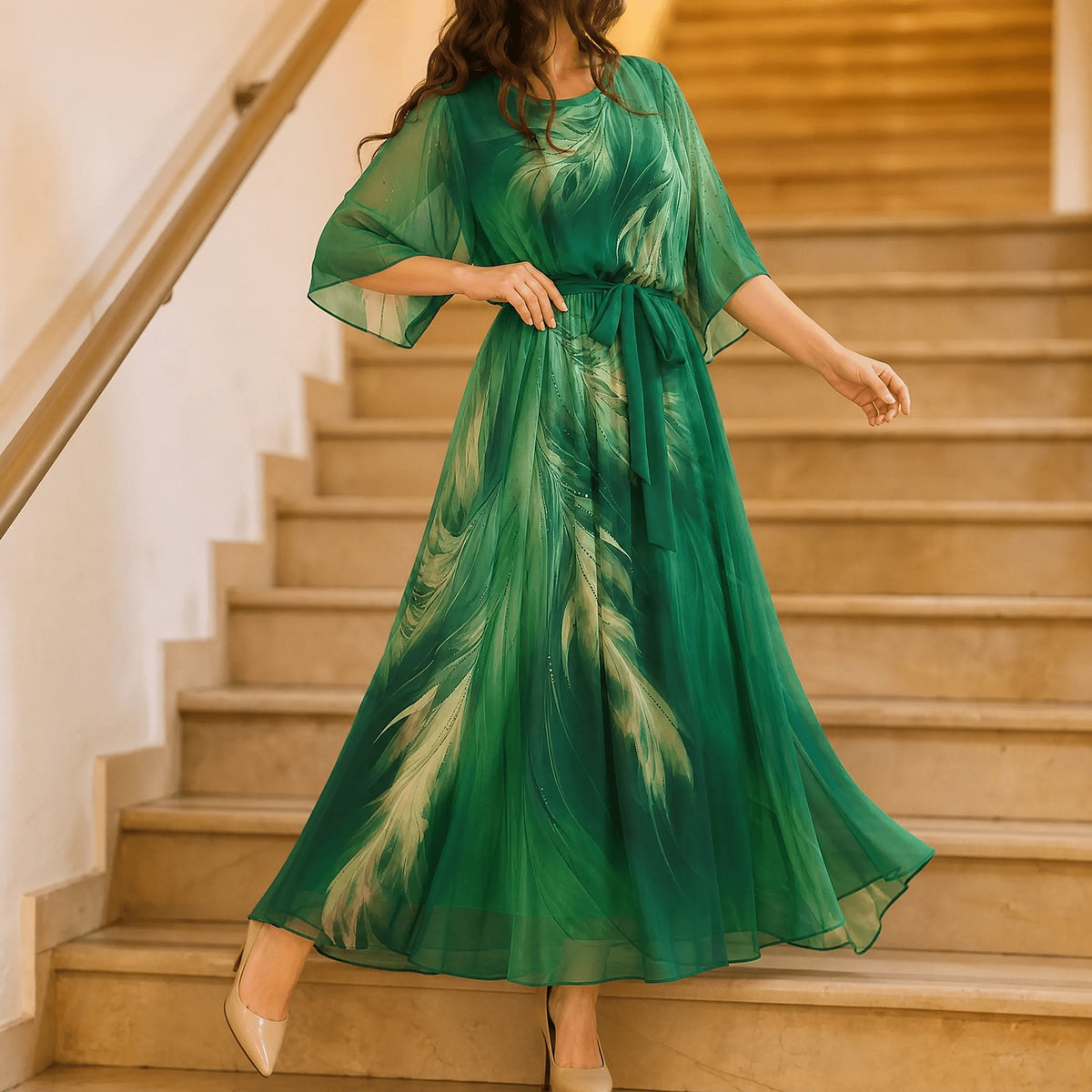 Women's Tie Waist Chiffon Maxi Dress