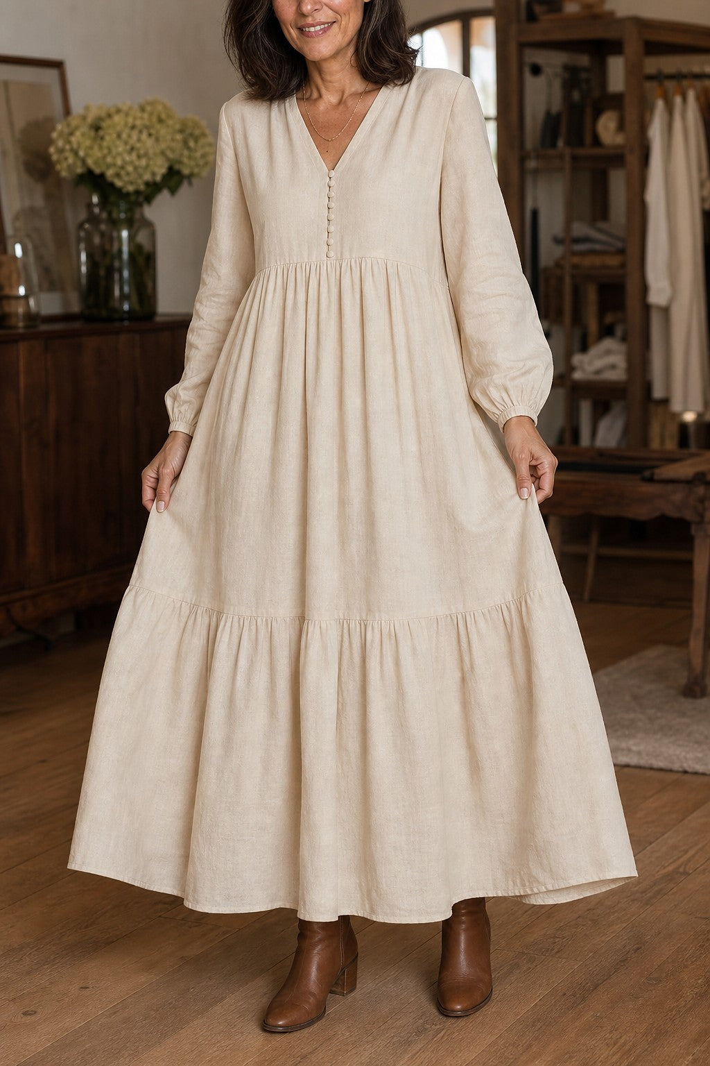 Women's Long Sleeve Tiered Maxi Dress