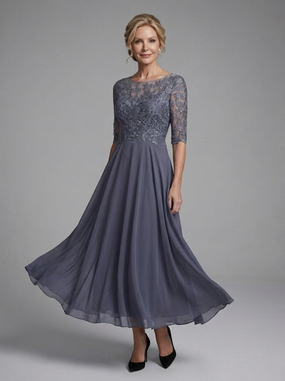 Women's Lace Bodice Chiffon Midi Dress