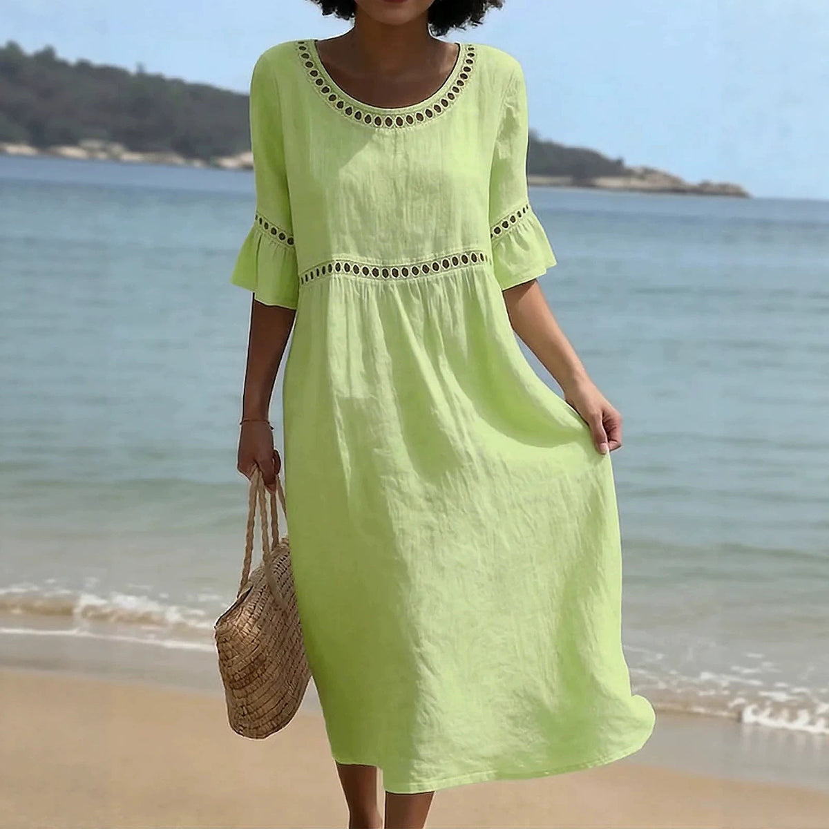 Women's Crochet Trim Flared Sleeve Midi Dress