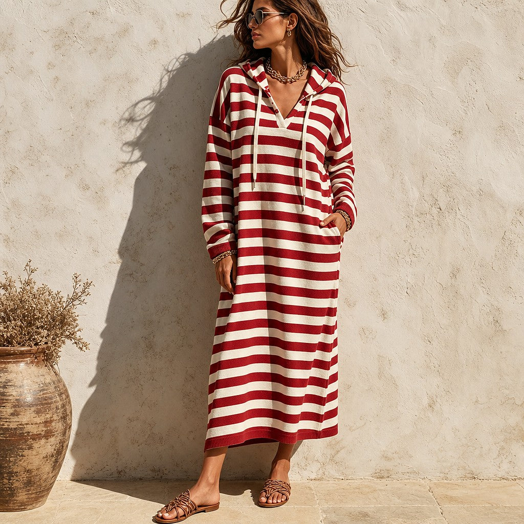Women's Striped Hooded Maxi Dress