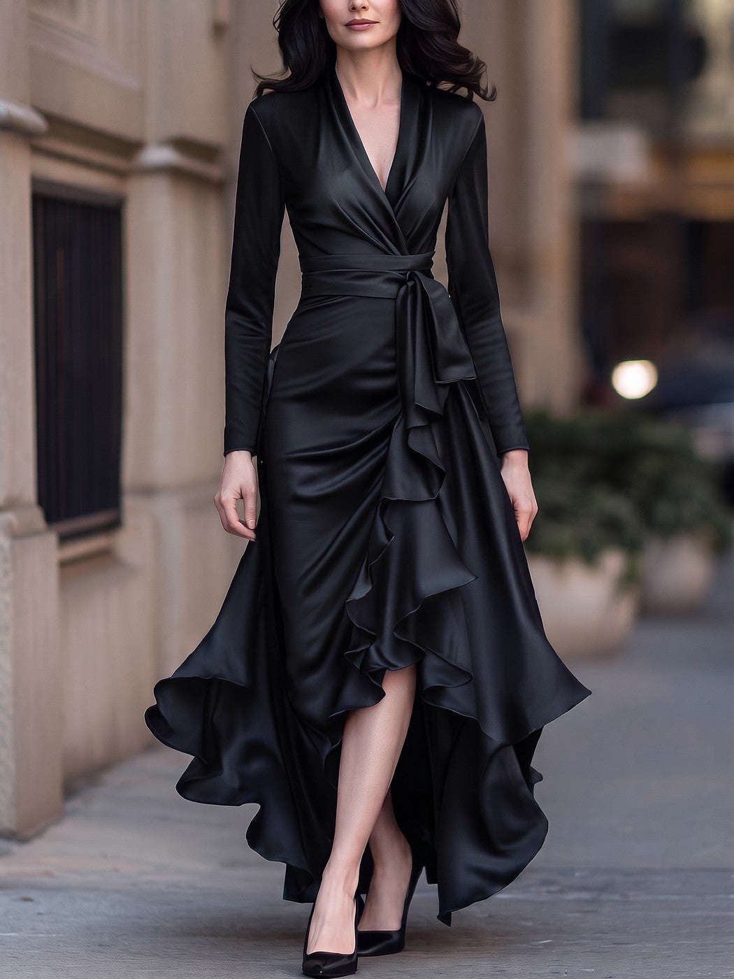 Women's Satin Long Sleeve Wrap Maxi Dress