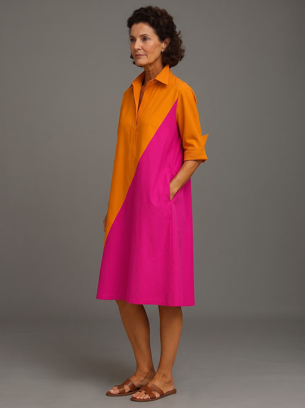 Women's Colour Block Midi Shirt Dress