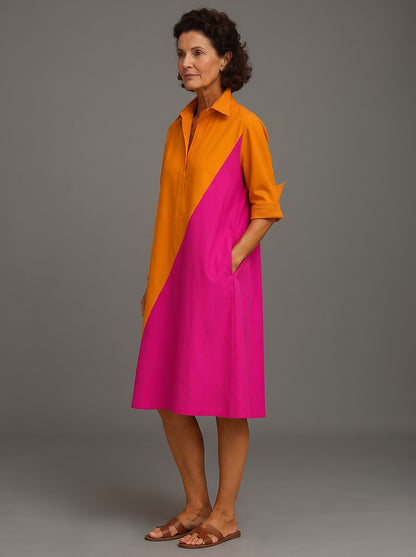 Women's Colour Block Midi Shirt Dress