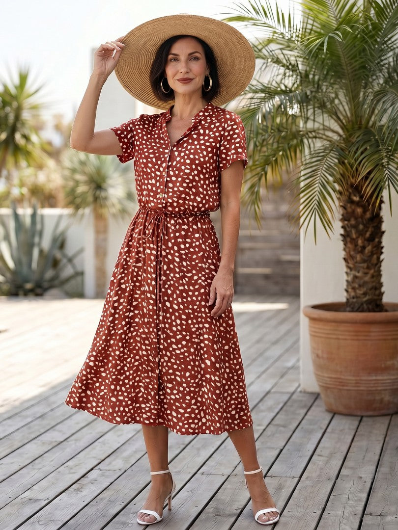 Women's Spot Print Button Front Midi Dress