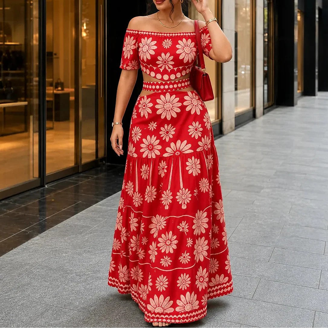 Women's Off-Shoulder Floral Maxi Skirt Set