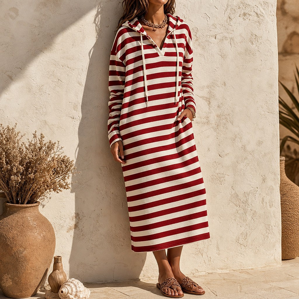 Women's Striped Hooded Maxi Dress