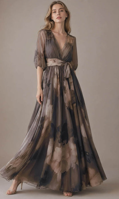 Women's Vintage Neckline Floral Wrap Evening Dress