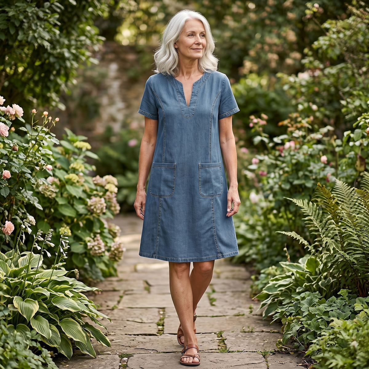 Women's Short Sleeve Denim Shift Dress