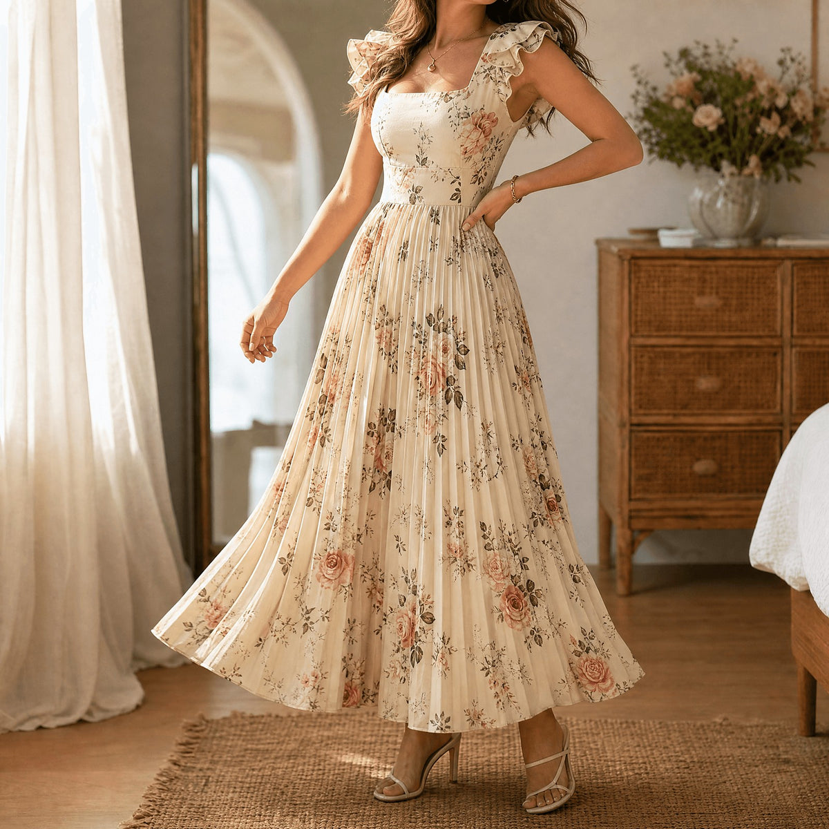 Women's Square Neck Pleated Maxi Dress