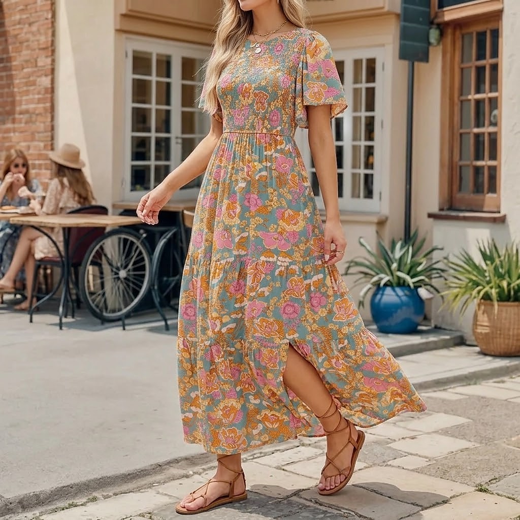 Women's Smocked Floral Maxi Dress