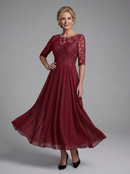 Women's Lace Bodice Chiffon Midi Dress