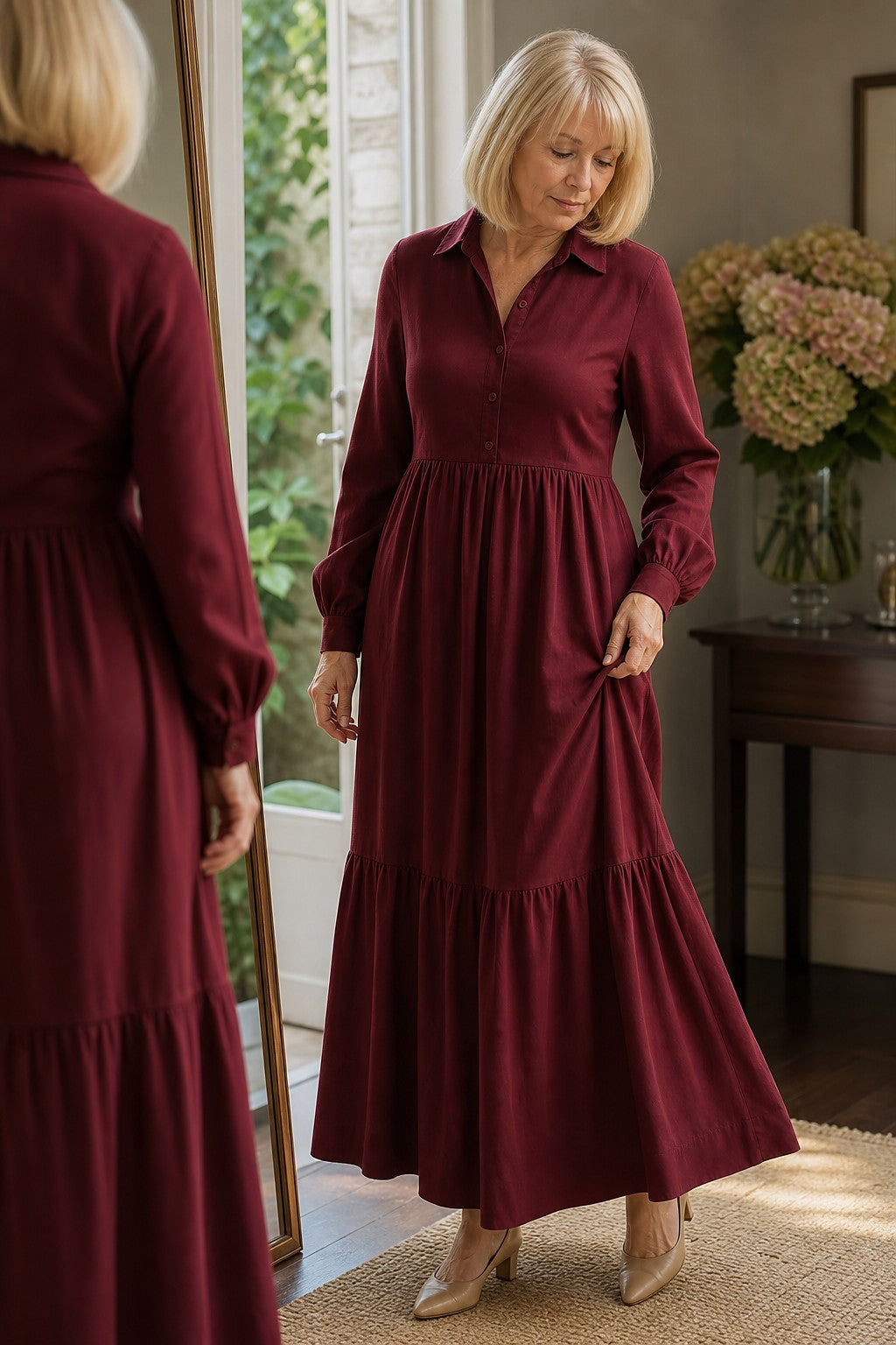 Women's Long Sleeve Collared Maxi Dress