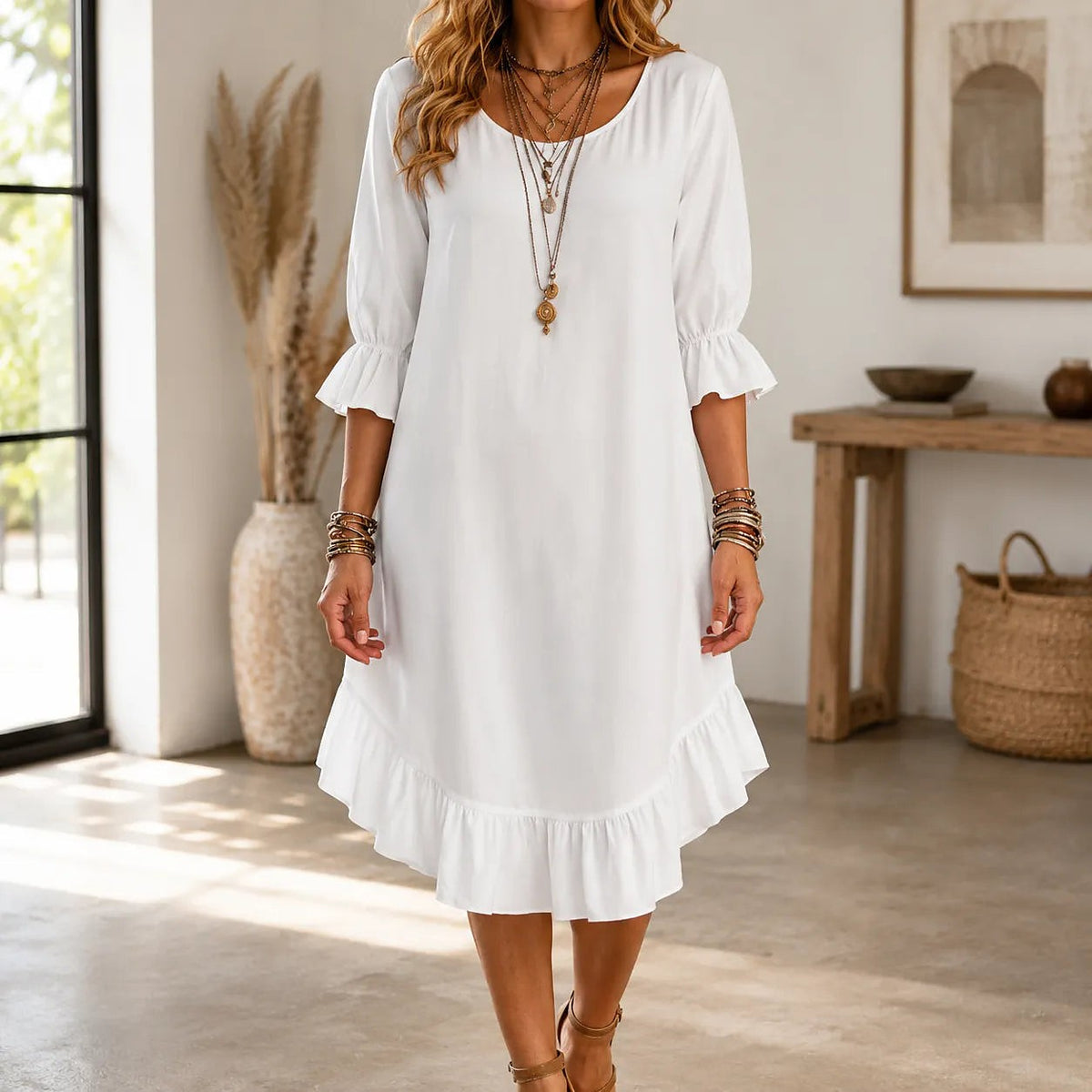 Women's Bell Sleeve Ruffle Hem Midi Dress