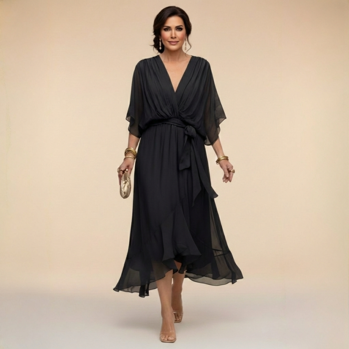 Elegantes Chiffonkleid mit V-Ausschnitt für Hochzeitsgäste