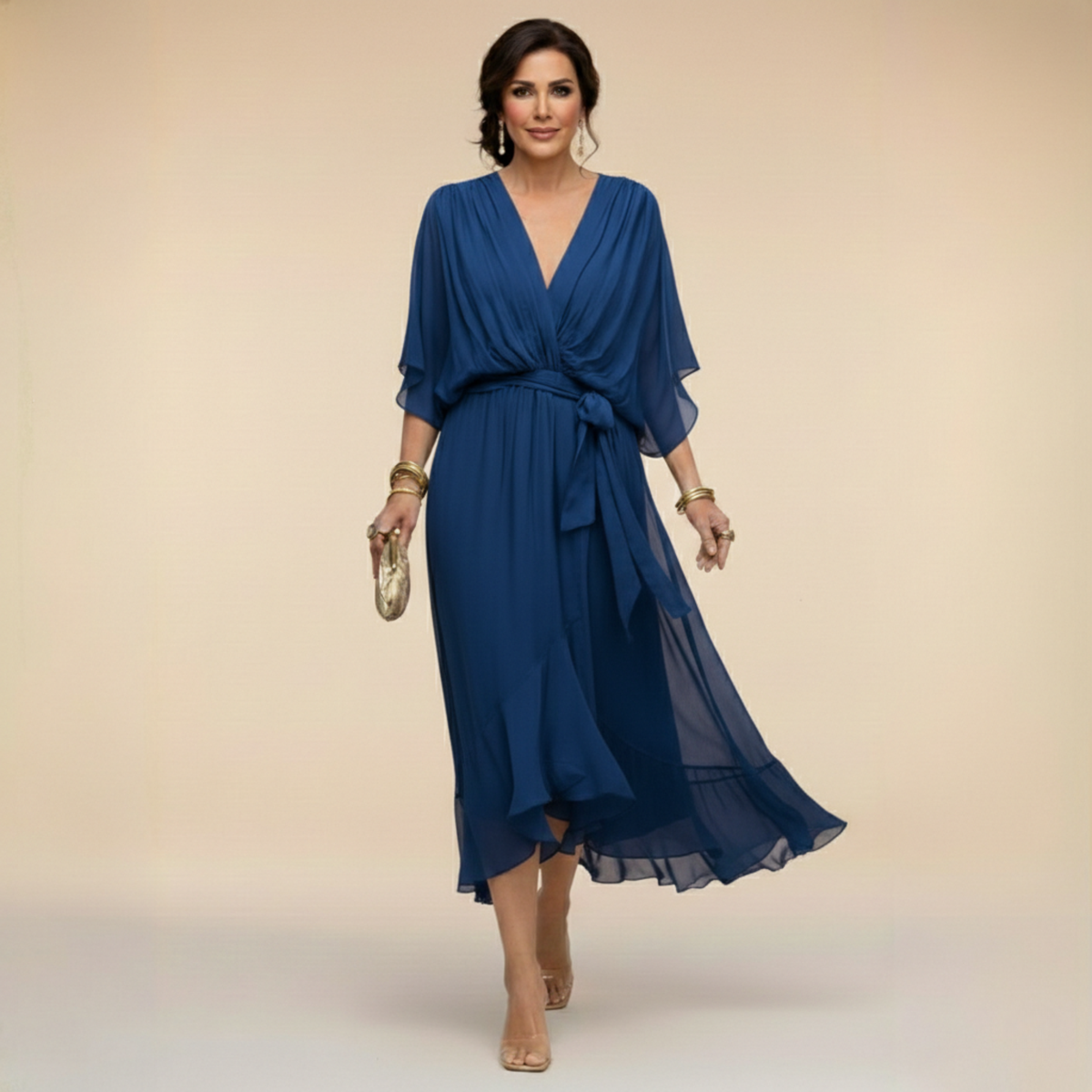 Elegantes Chiffonkleid mit V-Ausschnitt für Hochzeitsgäste