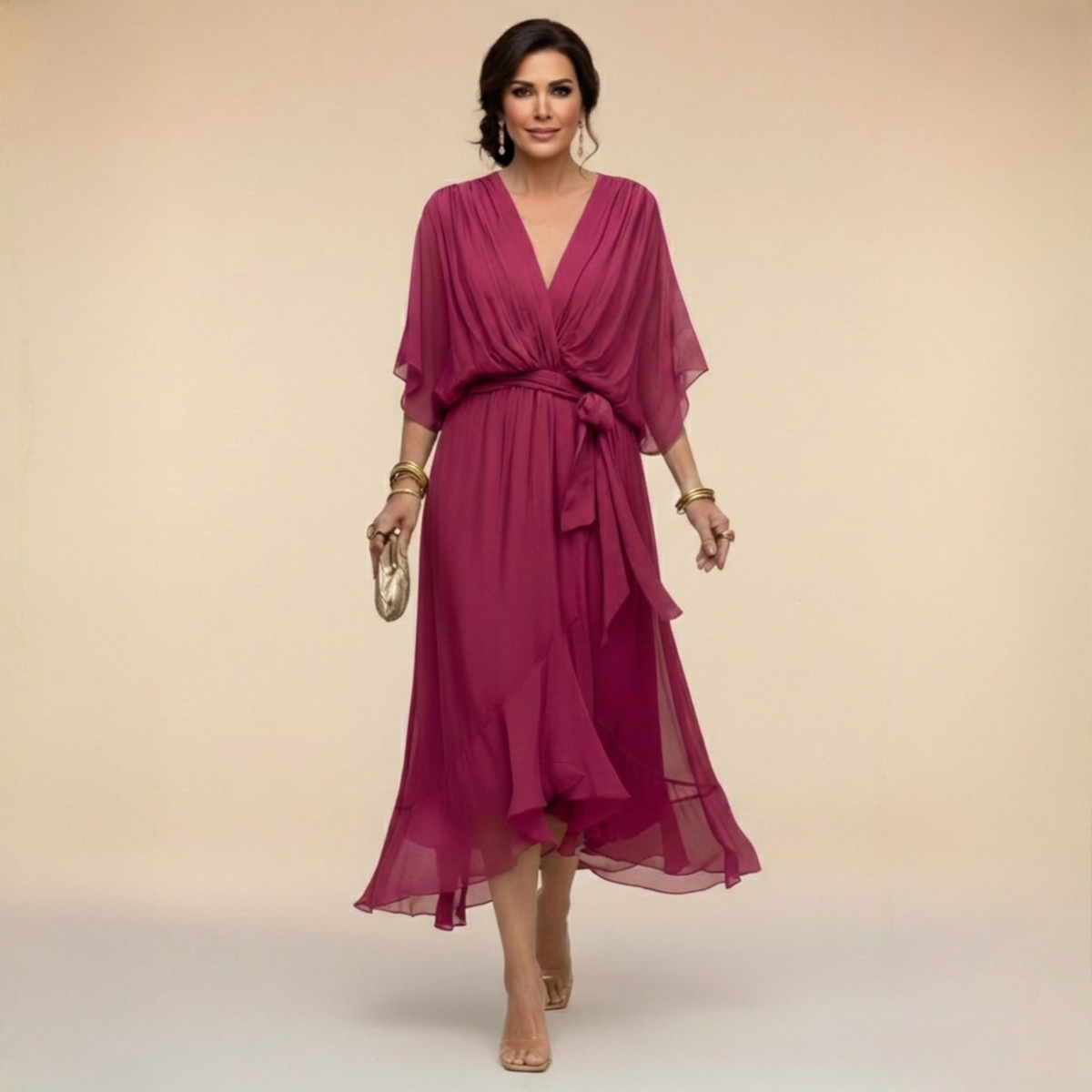 Elegantes Chiffonkleid mit V-Ausschnitt für Hochzeitsgäste