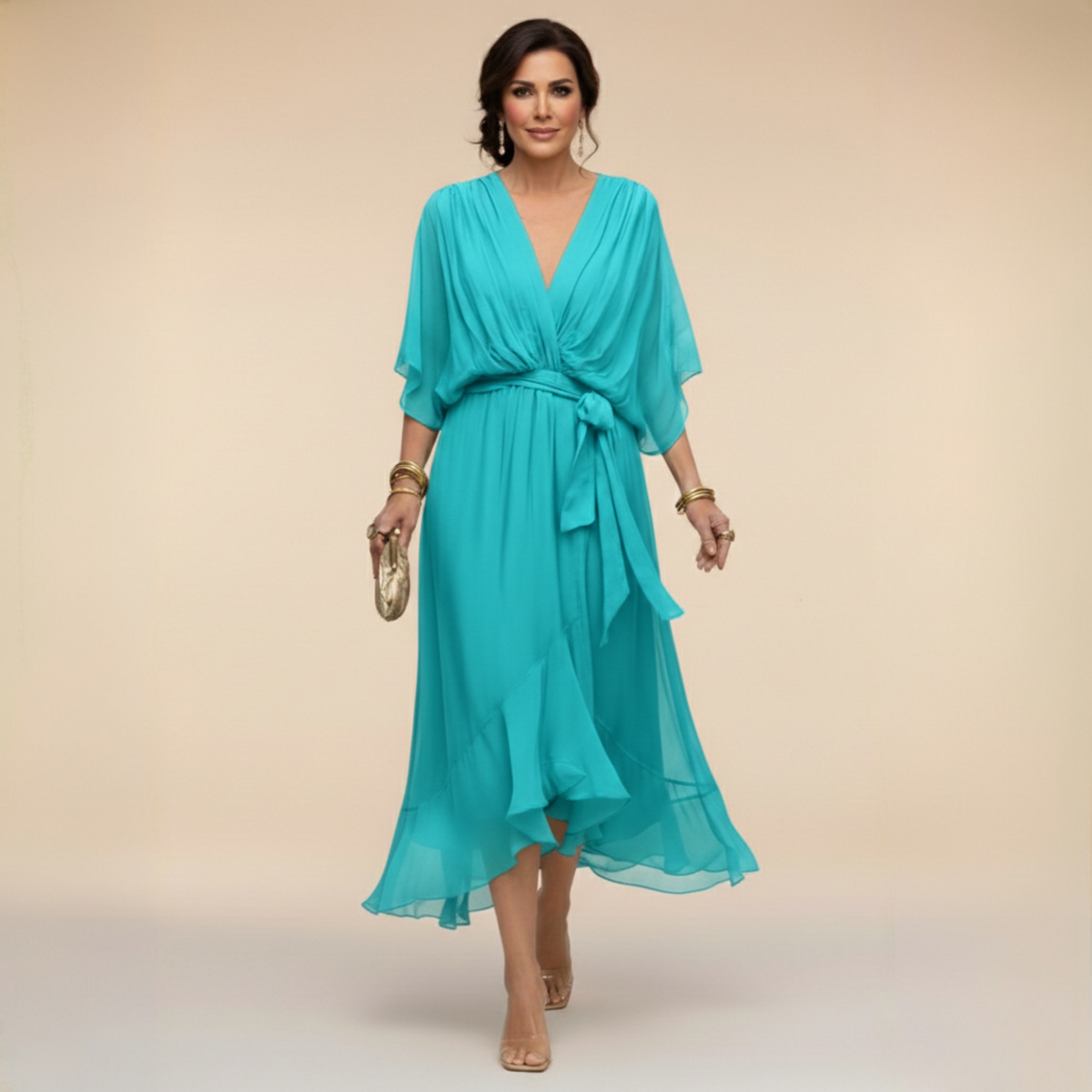 Elegantes Chiffonkleid mit V-Ausschnitt für Hochzeitsgäste
