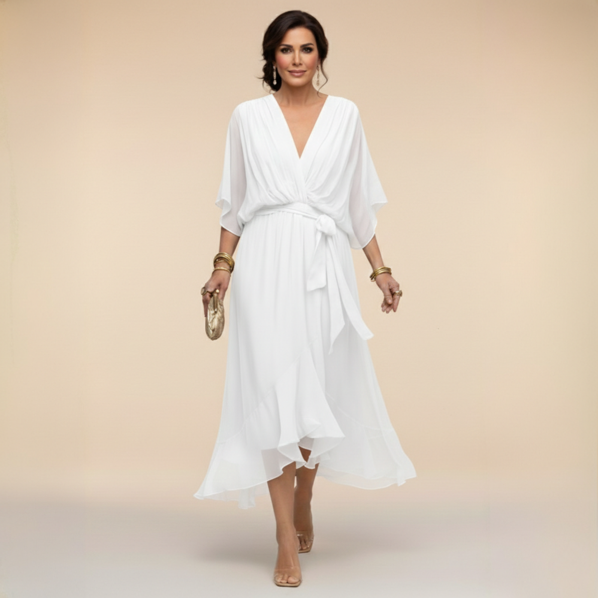 Elegantes Chiffonkleid mit V-Ausschnitt für Hochzeitsgäste