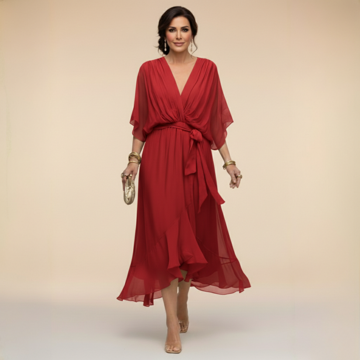 Elegantes Chiffonkleid mit V-Ausschnitt für Hochzeitsgäste