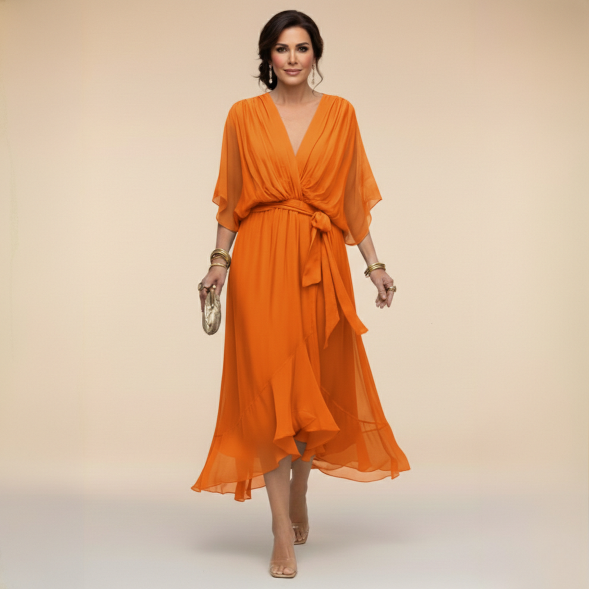 Elegantes Chiffonkleid mit V-Ausschnitt für Hochzeitsgäste