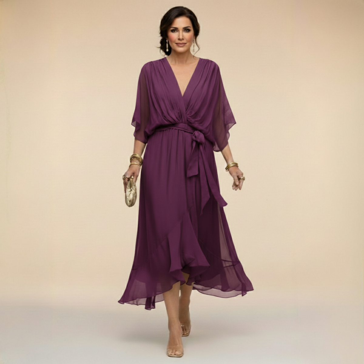 Elegantes Chiffonkleid mit V-Ausschnitt für Hochzeitsgäste