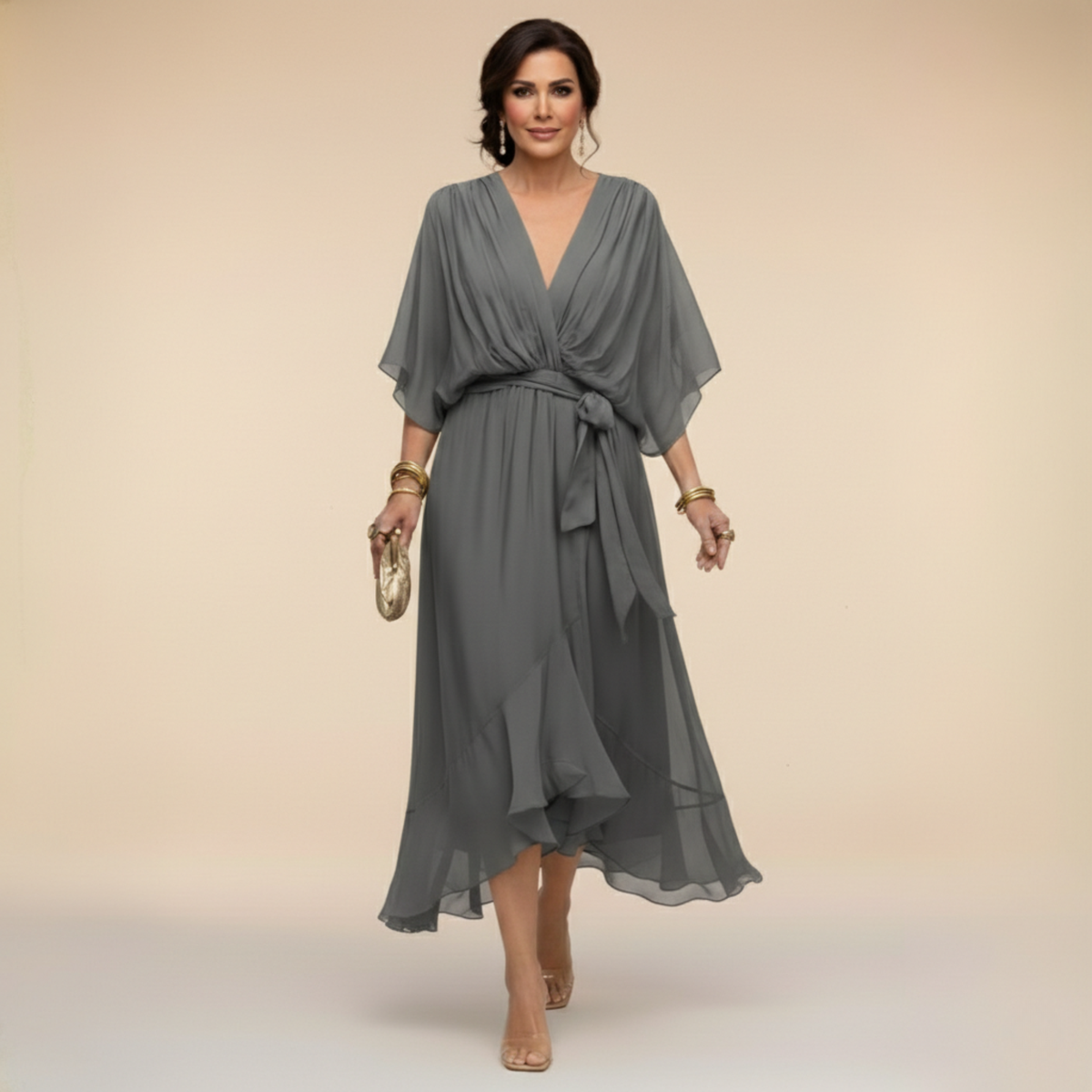 Elegantes Chiffonkleid mit V-Ausschnitt für Hochzeitsgäste