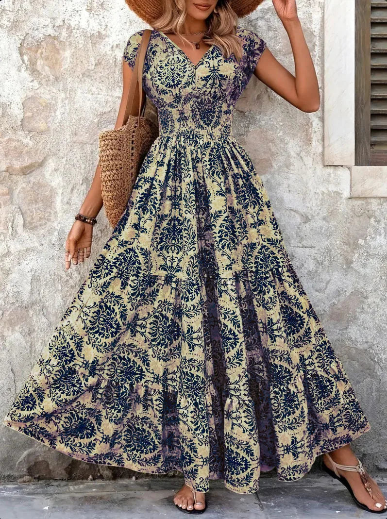 Festliches Kleid mit Blumenmuster und V-Ausschnitt