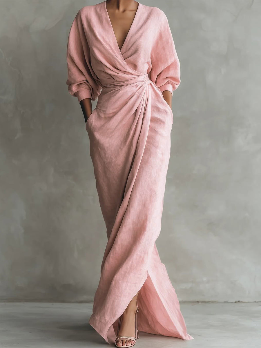 Elegantes Freizeitkleid mit V-Ausschnitt aus atmungsaktivem Stoff