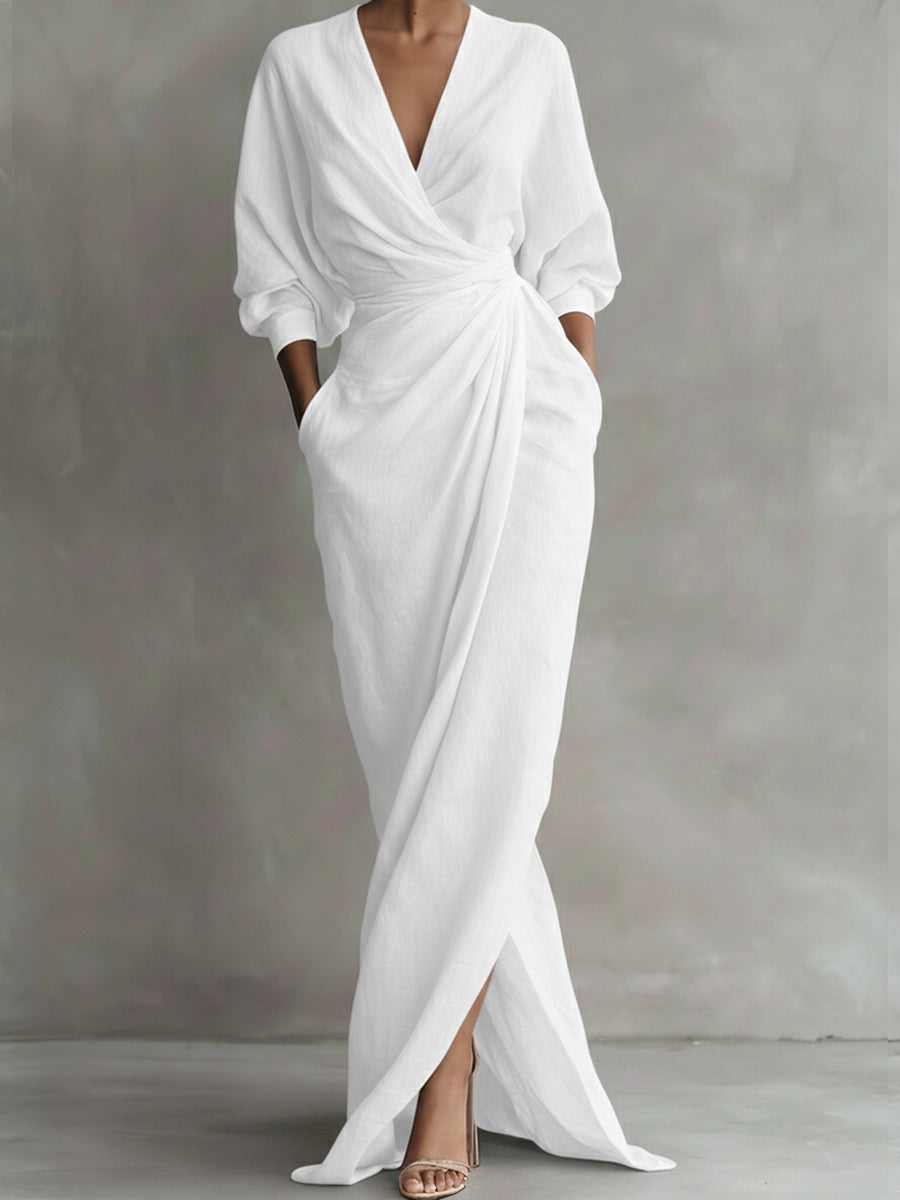 Elegantes Freizeitkleid mit V-Ausschnitt aus atmungsaktivem Stoff