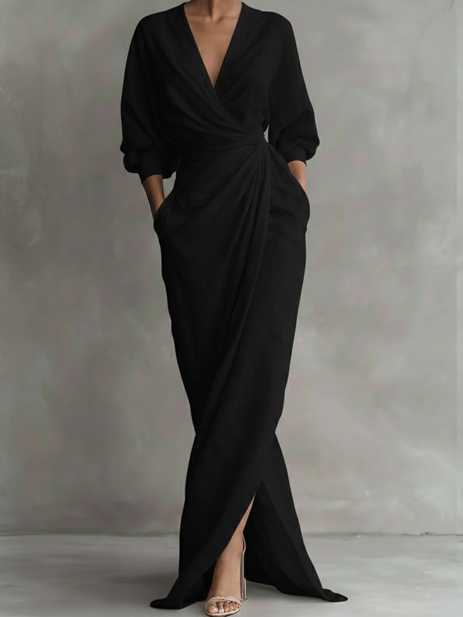 Elegantes Freizeitkleid mit V-Ausschnitt aus atmungsaktivem Stoff